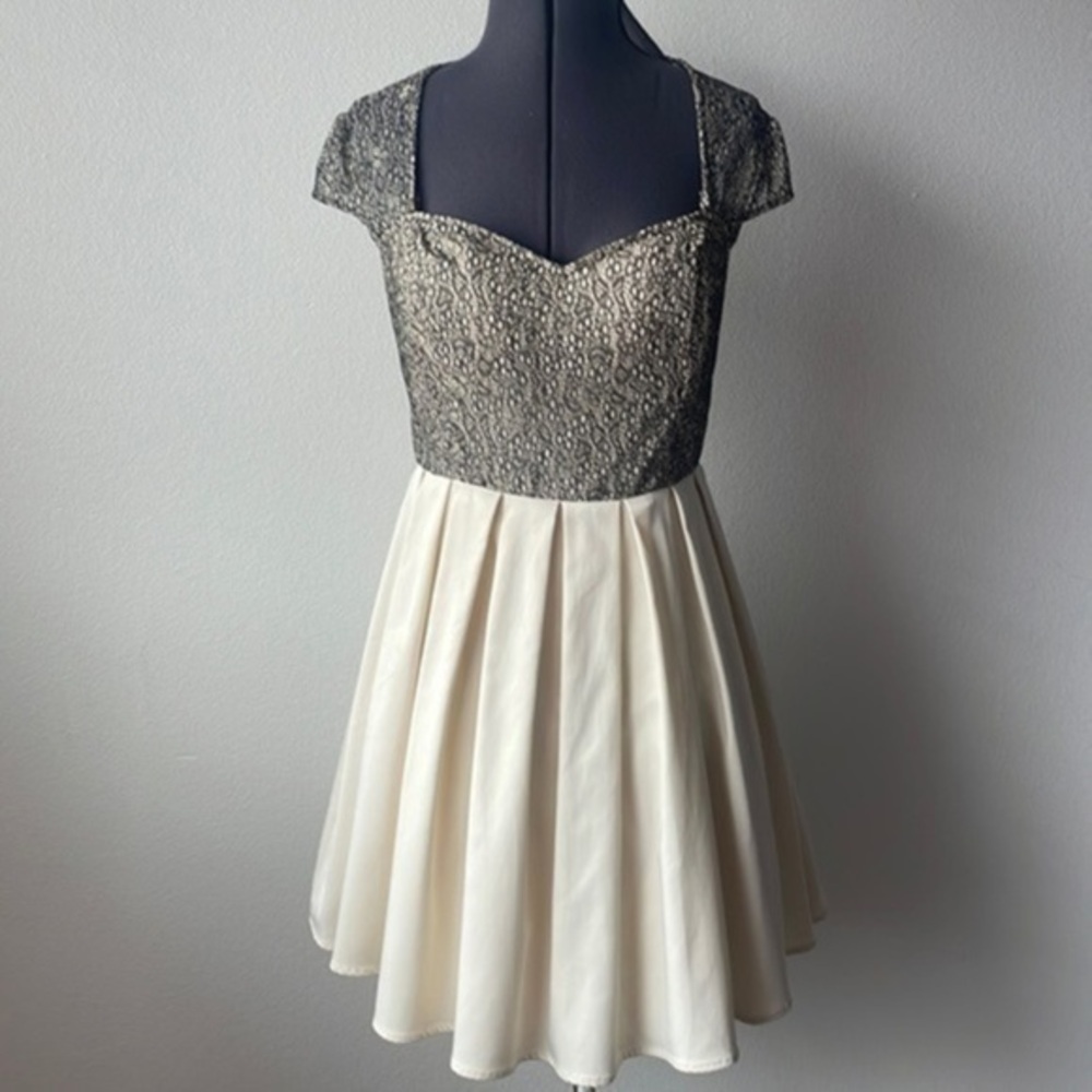 Chi Chi London dress size 12 ivory and gold black shimmer lace dress